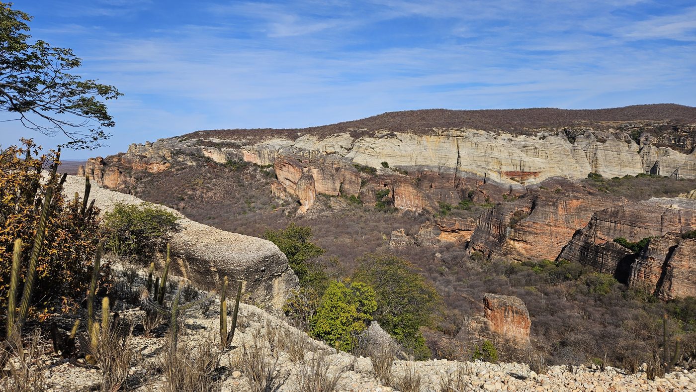 Wide canyon overlook, layered sandstone cliffs and dry scrubland, Serra da Capivara