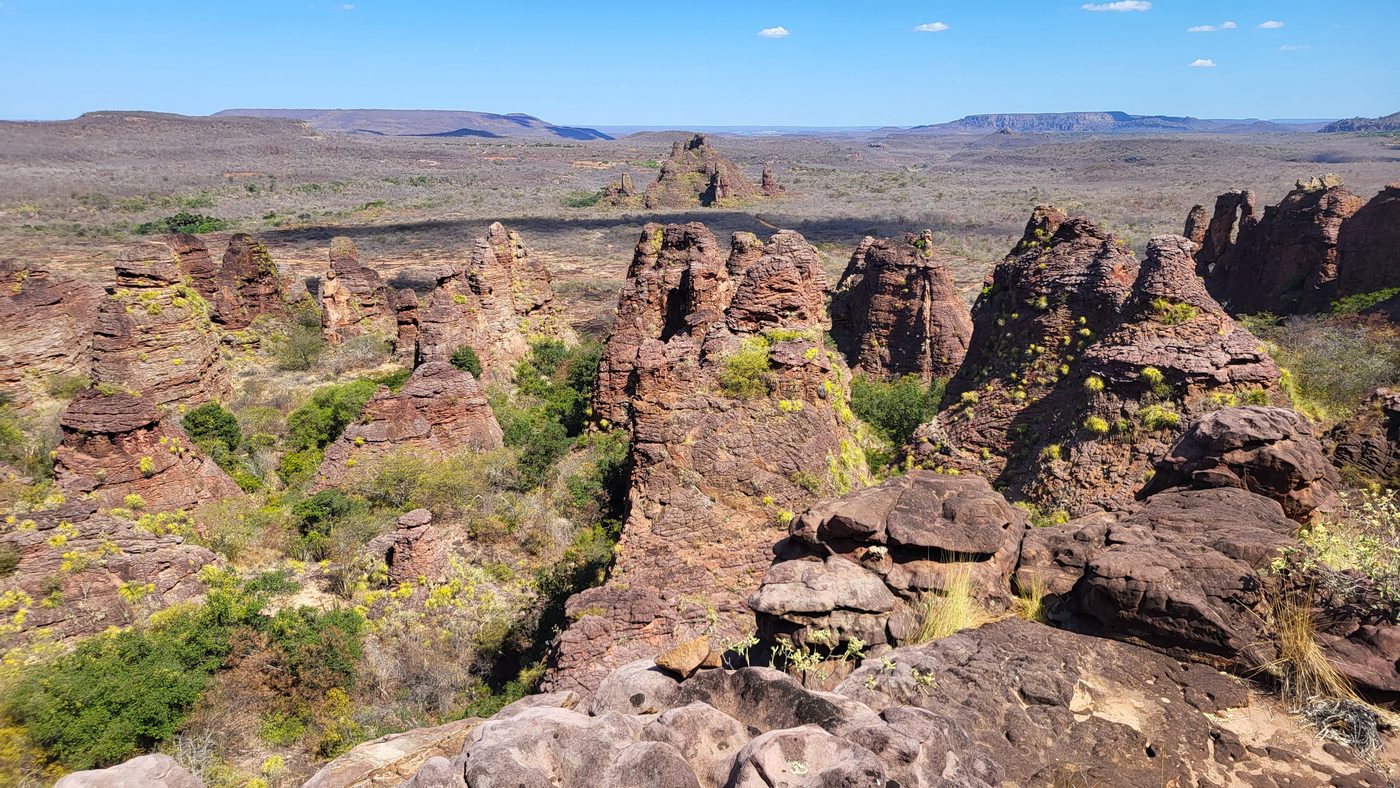 Aerial-like view over the spire field at Capadócia Nordestina, rock towers scattered across the sertão