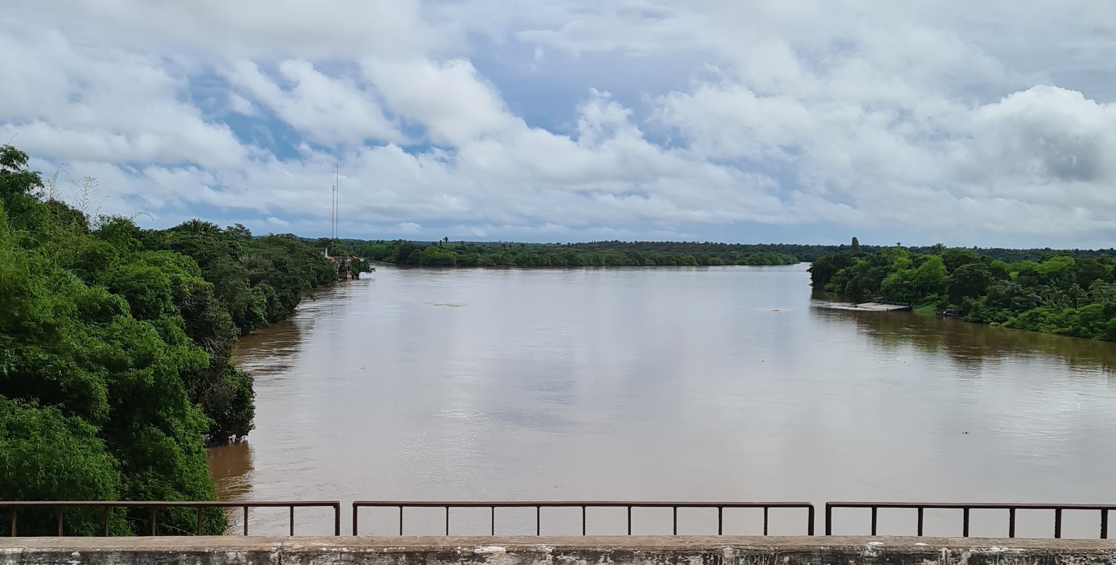 Wide muddy river seen from a bridge between São Luís and Barreirinhas, rainforest on both banks