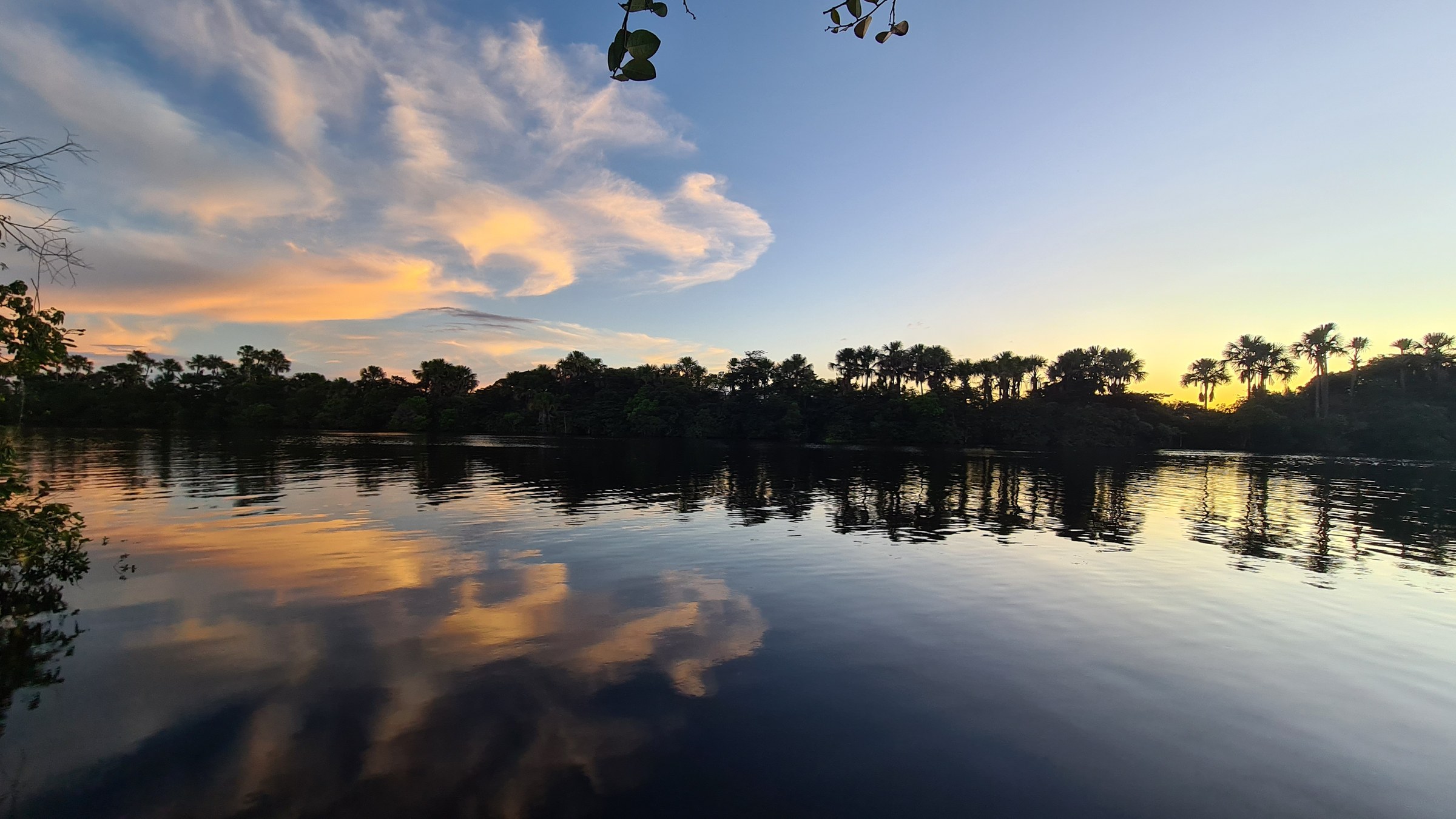 Sunset over the Rio Preguiças from Porto Preguiças Resort, buriti palms silhouetted along the far bank, their reflections and the orange sky mirrored in still water