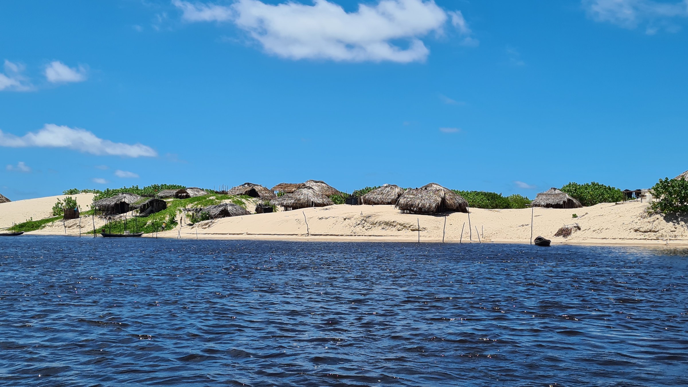 Thatched-roof huts of Caburé village seen from the river, sand dune and palm trees behind