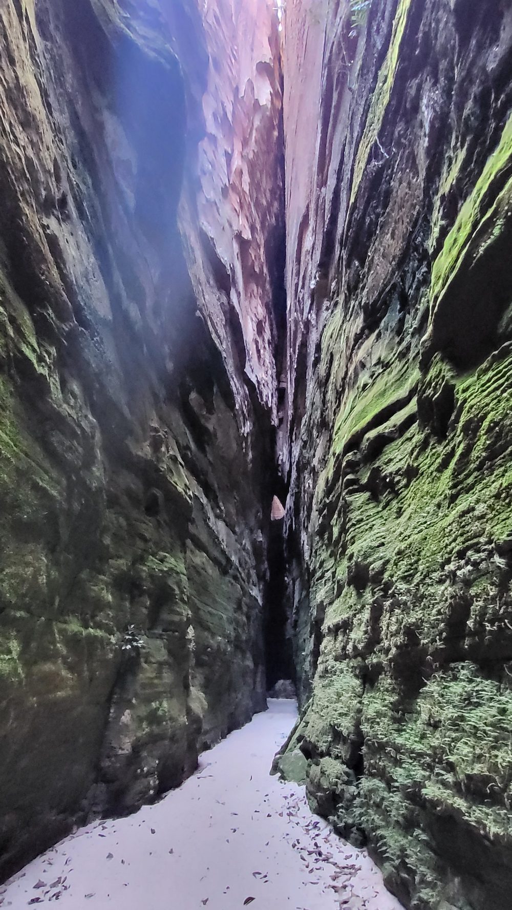 Looking down a narrow slot canyon at Riacho do Boi, sandstone walls striped with color, a pool of water below